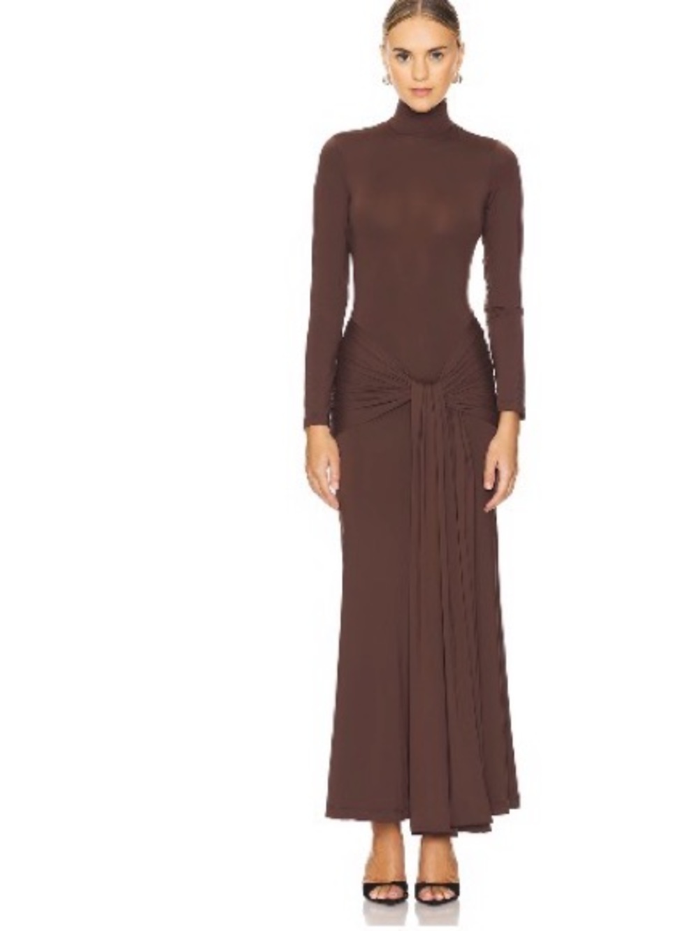 Bardot Brown Turtleneck Long Sleeve Maxi Dress with Front Knot